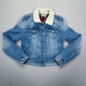 L.E.I. Denim Jacket Juniors Medium Good Blue Sherpa Collar Plaid Lined Colleen